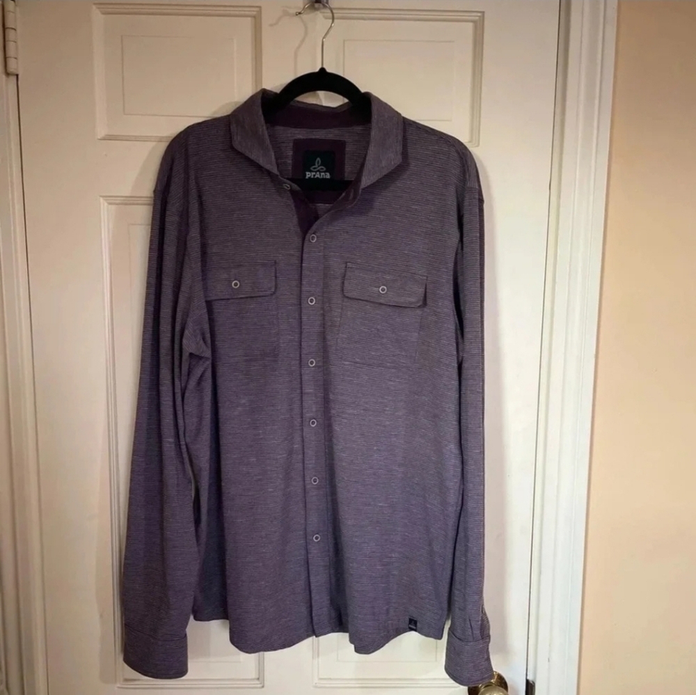 Prana Shirt Men’s size Large Performance Button Long Sleeve Stripe Purple Hike